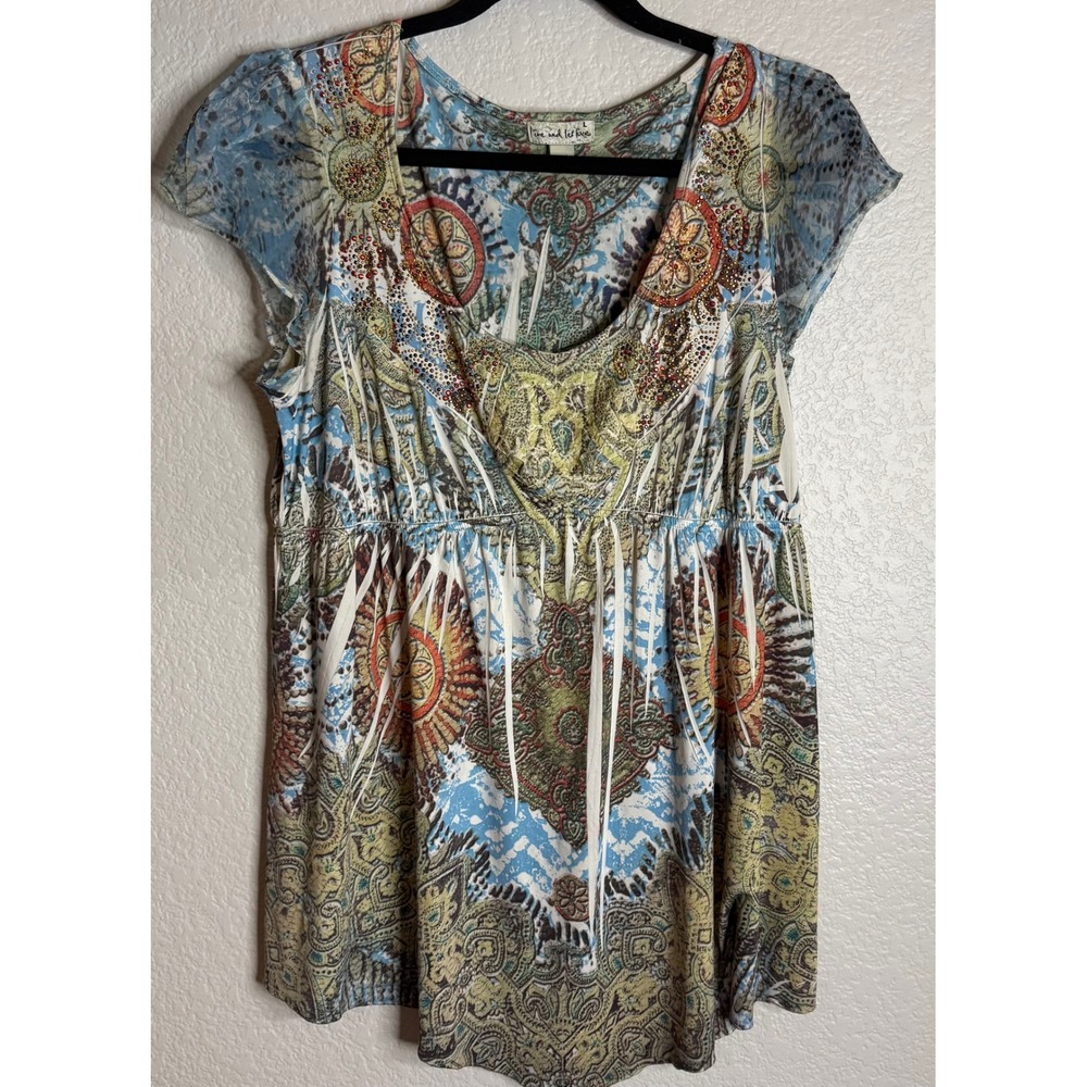 Live Let‎ Live Womens L Multicolor Tunic Top Paisley Rhinestone Babydoll Boho